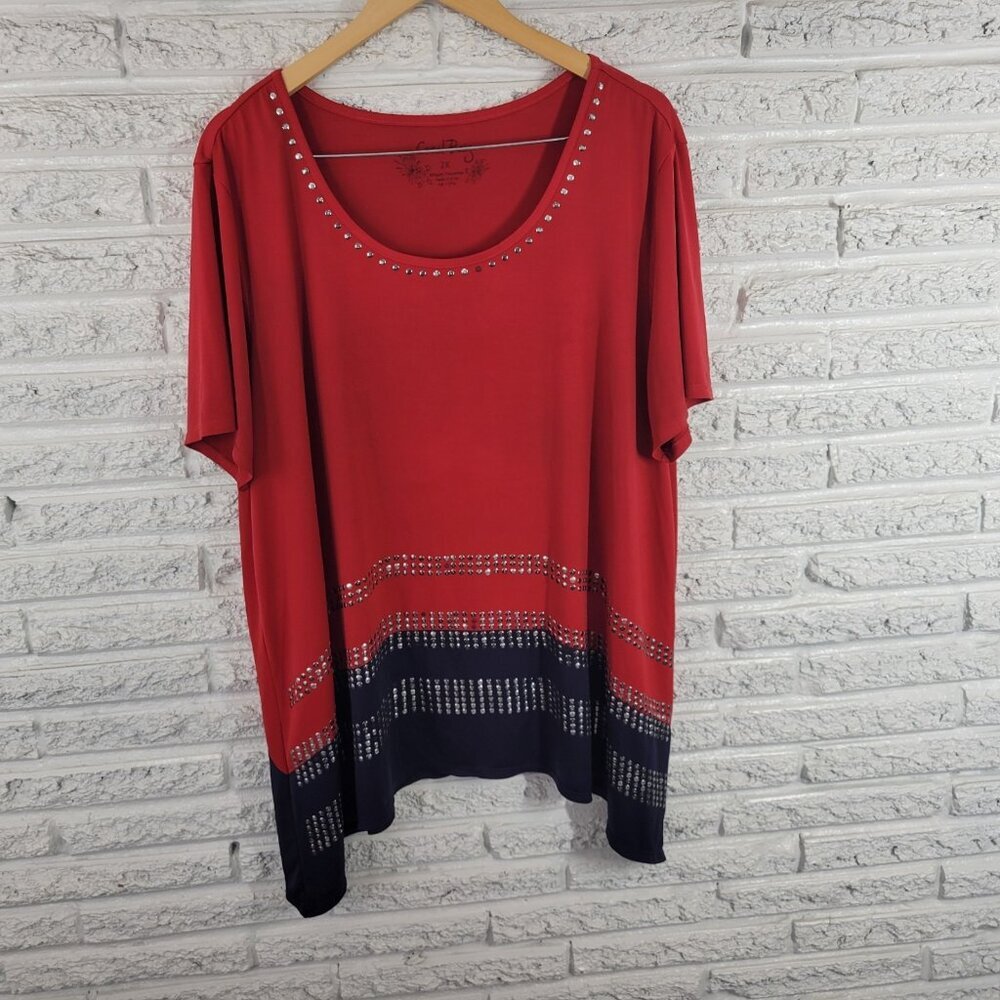 Coral Bay Red Blue Top 2X Plus Studded Tee Short Sleeve Round Neck TShirt RED27E